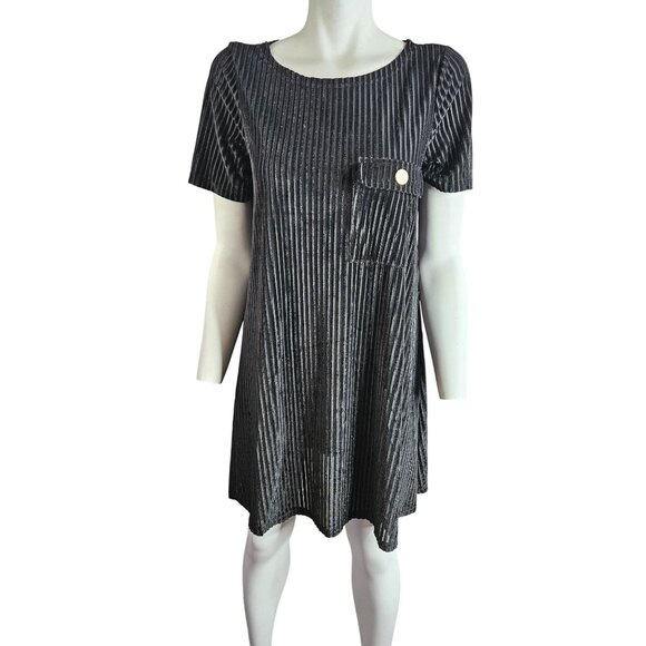 2/$35- POL Striped Black Velvet Tunic Dress With Pocket Semi Sheer Women Small - Picture 1 of 9